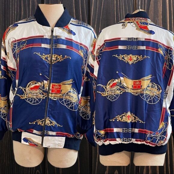 VTG 80s Paris Equestrian Carriage Satin Bomber Jacket S/M/L/XL - Picture 1 of 9